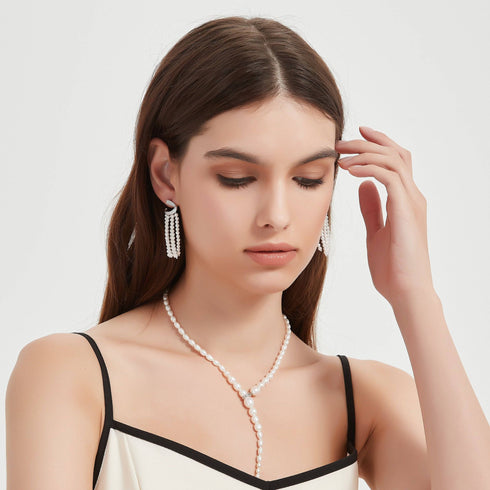 Curved Cubic Zirconia & Multi-Chain Pearl Earrings - House Of Pearls